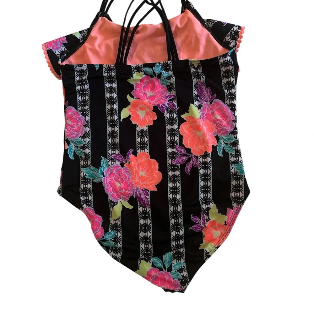 Wonder Nation girls XL/XG (14-16) Floral Striped Swimsuit with Pom Pom Trim